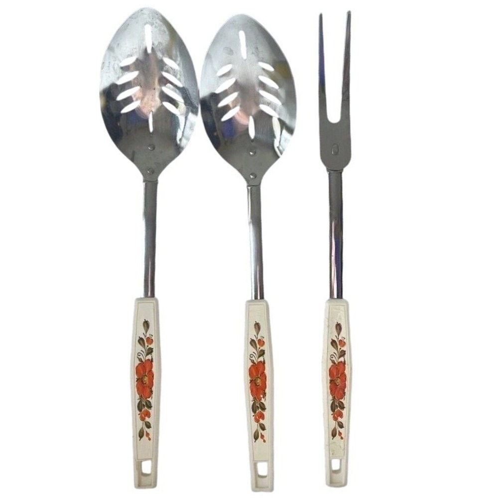 Vintage‎ Ecko Slotted Spoon Meat Fork Serving Orange Flower Handle utensil MCM